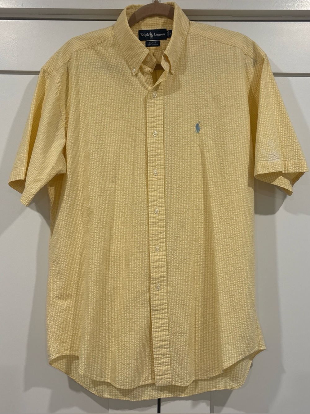 VINTAGE Polo Ralph Lauren Shirt Men Medium Yellow Seersucker Blake Striped 90s